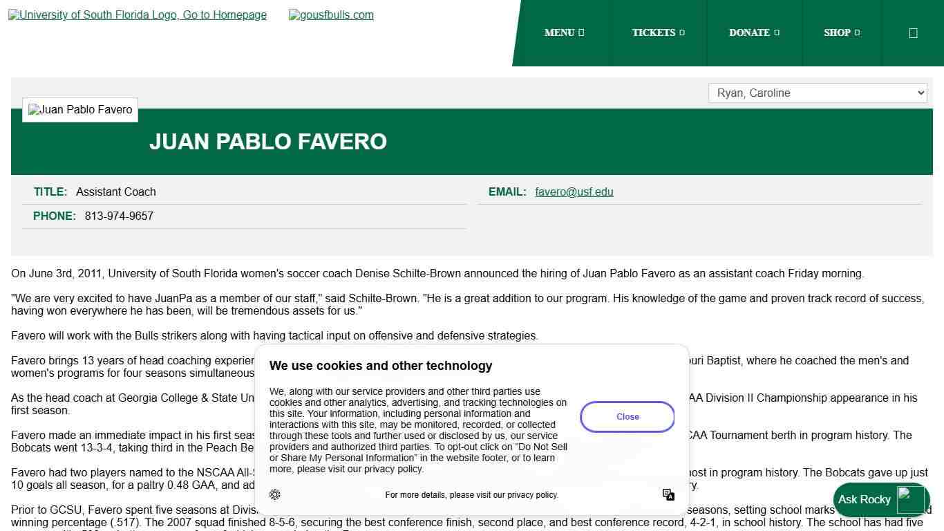 Juan Pablo Favero - Assistant Coach - Staff Directory - USF Athletics
